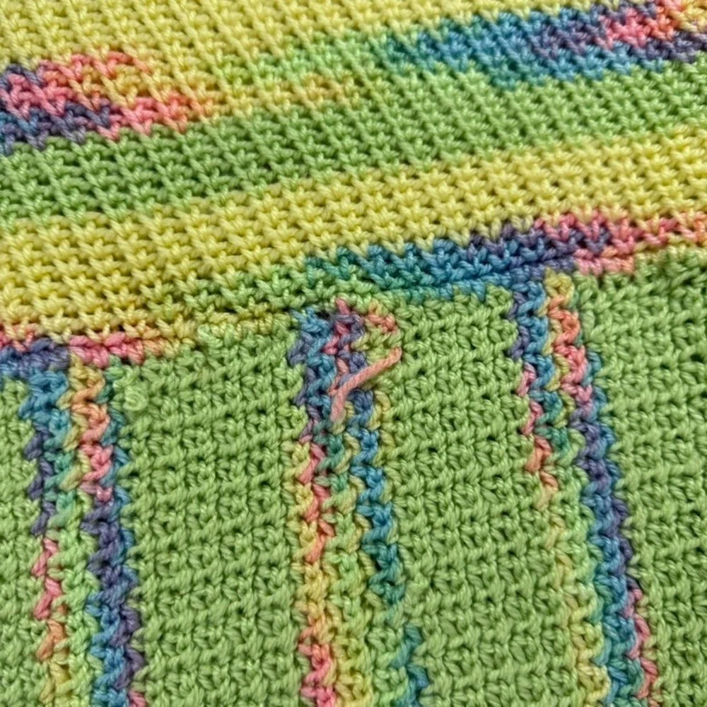 Handmade Crochet Baby Blanket Yellow Green Pastel Rainbow‎ Stripes 36x40